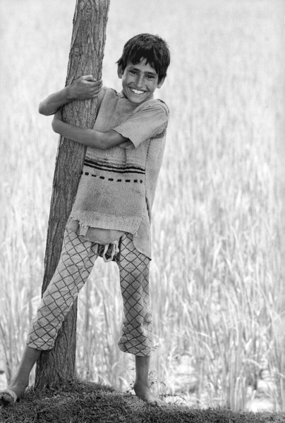 Kashmiri boy holding tree trunk (b/w photo)  von 