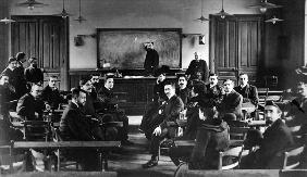 Lecture by Ferdinand Brunot at the Sorbonne, late 19th century (b/w photo) 