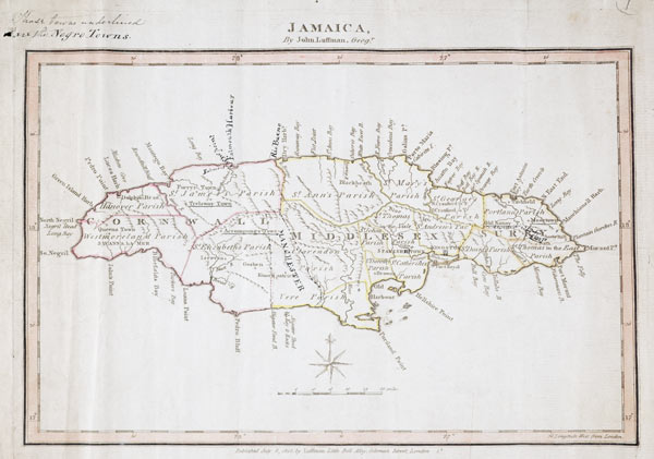 Map of Jamaica showing maroon settlements underlined, where runaway slaves found refuge, 1805 (ink o von 