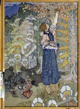 Märchenillustration: ein Drache und ein Mädchen 1898