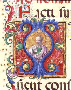 Ms 542 f.18v Historiated initial 'I' depicting a male saint from a psalter written by Don Appiano fr 14th