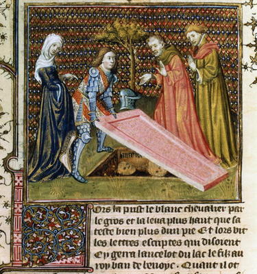 Ms.Fr.118 f.190 Lancelot lifts the stone off his own predestined grave and learns his name and paren von 