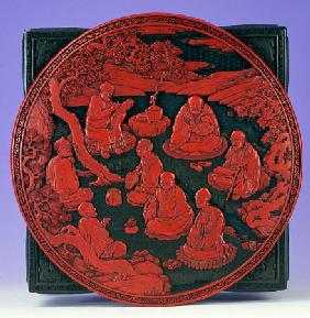 One Of A  Pair Of Imperial Carved Four-Colour Lacquer Boxes, Showing The Cover Depicting Eight Seate