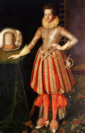 Portrait Of A Gentleman, Full Length, In A Doublet Embroidered With Flower Motif, Lace Ruff And Cuff von 