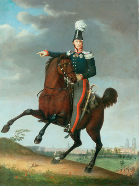 Reiterbildnis Friedrich Wilhelms III. vor der Shilouette Berlins - Antonio Schrader von 