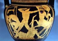 Red-figure vase depicting the battle between the centaurs and the lapiths, detail of warriors, Greek 19th