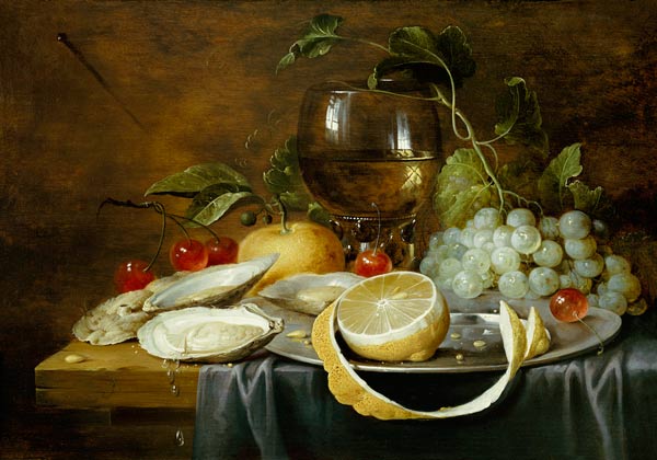 A Roemer, A Peeled Half Lemon On A Pewter Plate, Oysters, Cherries And An Orange On A Draped Table von 