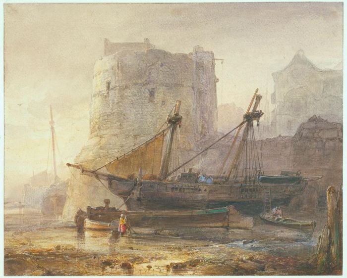 Ships at low tide in a French port von 
