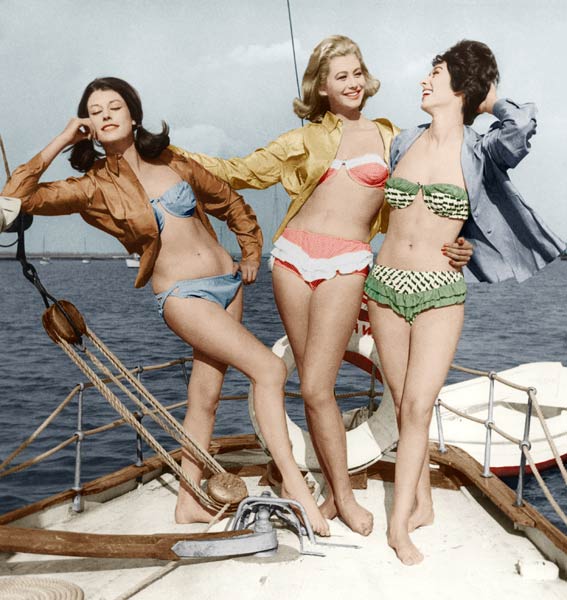 Three young women wearing bikinis colourized document von 
