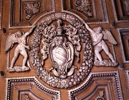 The 'Galleria', detail of stucco ceiling decorated with the coat of arms of the Sacchetti marquises, von 