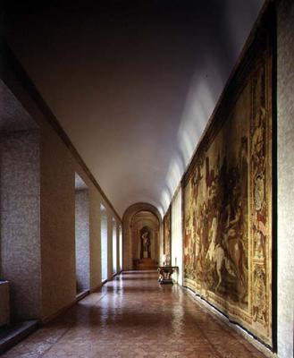 The main corridor on the piano nobile decorated with hanging tapestries, designed by Antonio da Sang von 