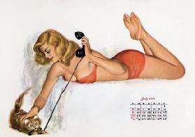 Pin up with a cat playing with phone wire, from Esquire Girl calendar 1950