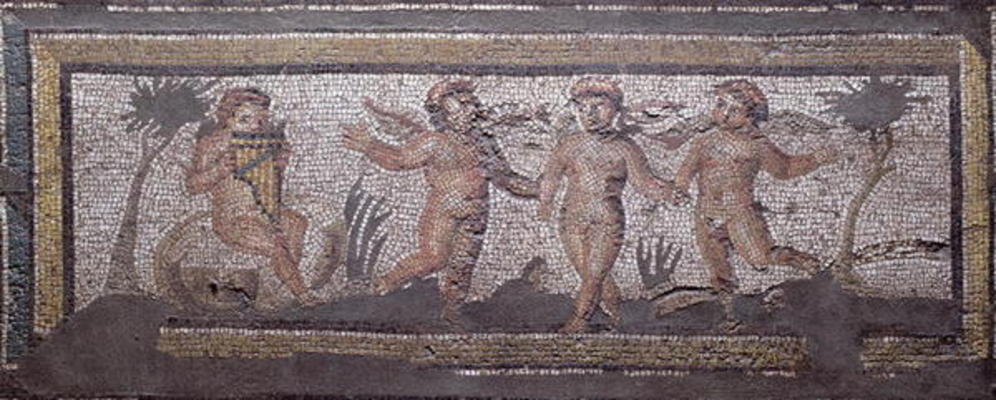Three dancing putti accompanied by one playing the pan pipes, border detail from a mosaic pavement d von 