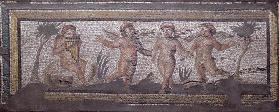 Three dancing putti accompanied by one playing the pan pipes, border detail from a mosaic pavement d 16th
