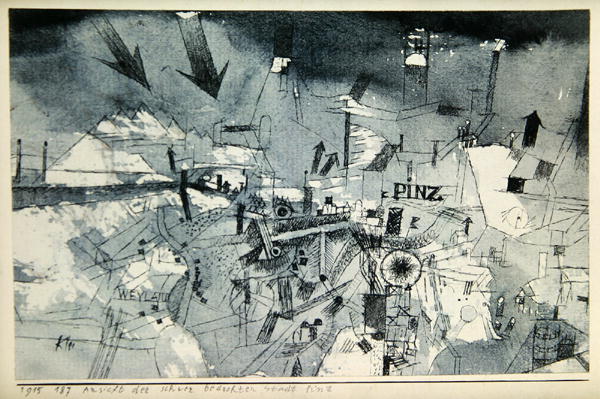 View of the severely threatened city of Pintz, 1915 (no 187) (pen and w/c on paper on cardboard)  von 