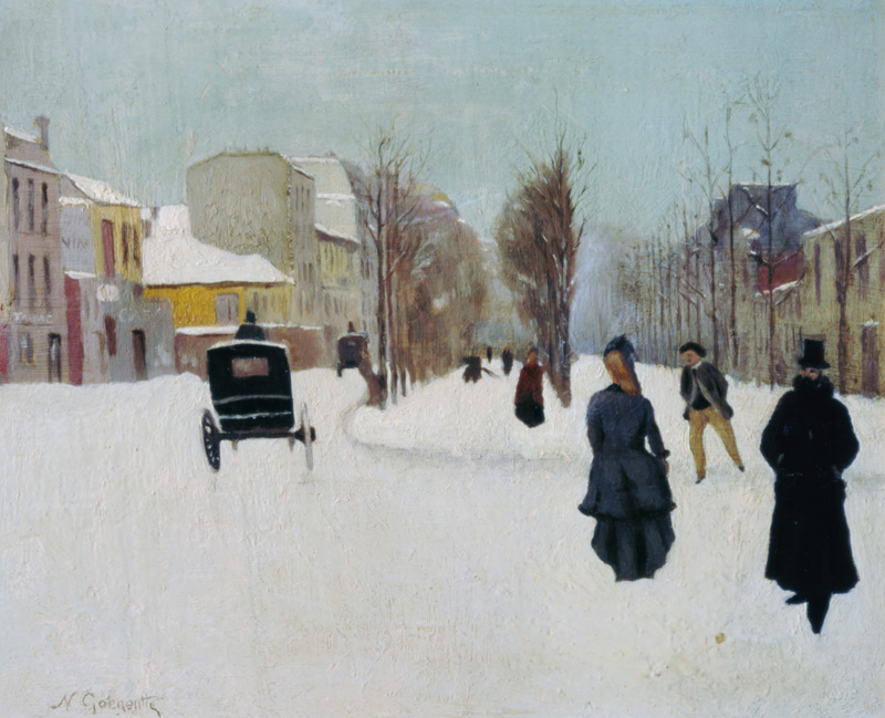 French street scene with snow von Norbert Goeneutte