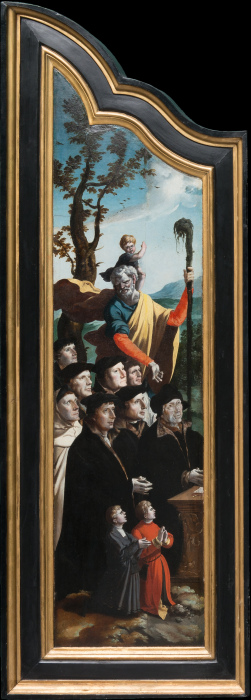 Triptychon mit der Kreuzigung Christi, Heiligen und Stifterfamilie. Linker Innenflügel: Stifter mit  von Nordniederländischer Meister um 1530