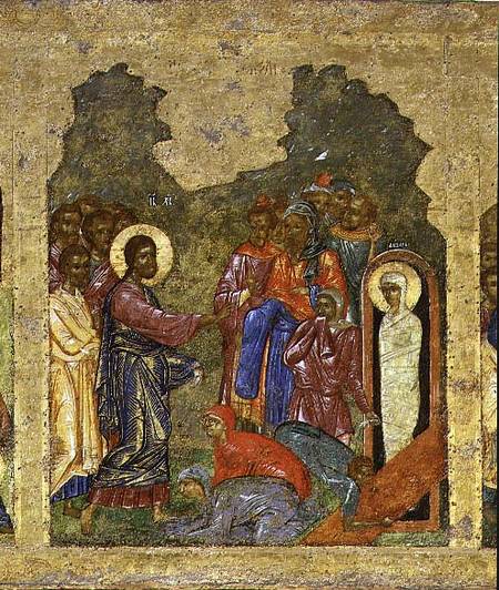 The Raising of Lazarus, Russian icon from the iconostasis in the Cathedral of St. Sophia von Novgorod School