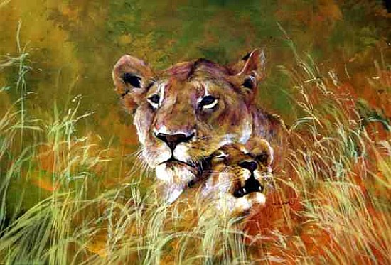 Mother and Baby I (Lions) 1995 (inks, acrylics and pencil on paper)  von Odile  Kidd