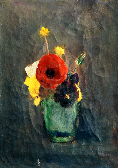 Blumenstrauss mit Mohnblumen in einer grünen Vase von Odilon Redon