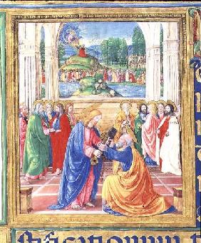 Ms 542 f.3v Christ giving the keys to St. Peter, in the background God delivers the Tablets of the L 1514-15