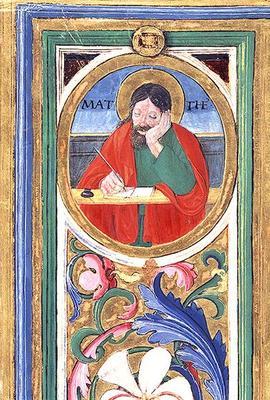 Ms 542 f.3v St. Matthew writing the first gospel from a psalter written by Don Appiano from the Chur 19th