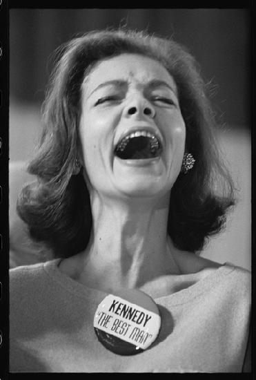 Lauren Bacall wearing Kennedy The Best Man pin badge on election night 1960
