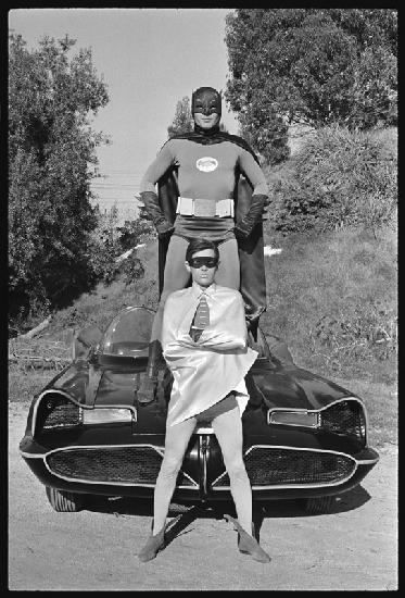Batman and Robin and Batmobile on the set of the Batman TV series 1966