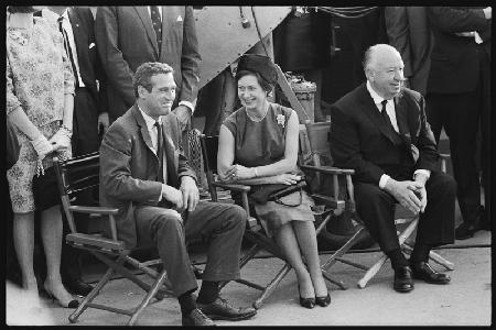 Paul Newman, Princess Margaret and Alfred Hitchcock on the set of Torn Curtain 1966