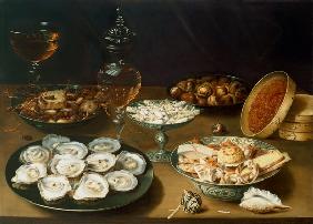 Still life with oysters, sweetmeats and roasted chestnuts