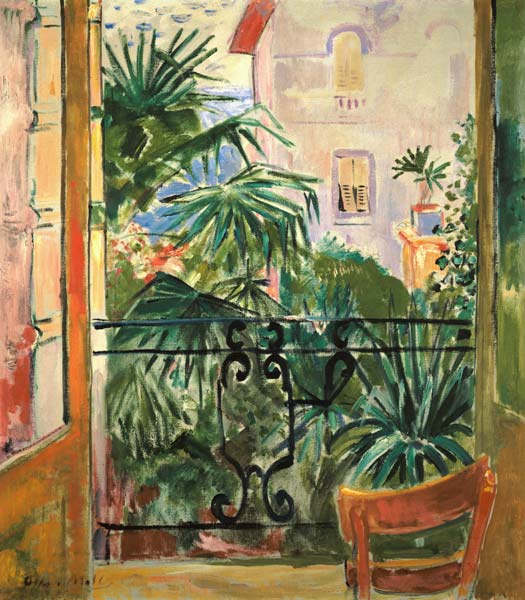 Balkonblick auf Palmen und Haus, Abbazia von Oskar Moll