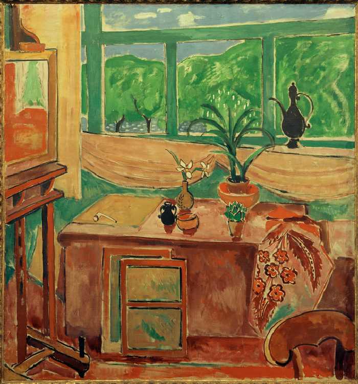 Atelierstilleben mit Iris und mehrteiligem Fenster von Oskar Moll