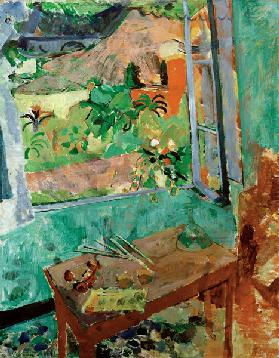 Atelier mit Fensterausblick auf Haus und Brücke, Levanto 1924