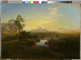 Abendliche Landschaft mit einem im Gegenlicht liegenden Felsmassiv 1846