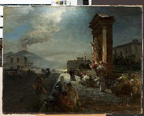 Die Via di Marinella in Neapel mit Blick auf den Vesuv bei heraufziehendem Gewitter 1885-1889
