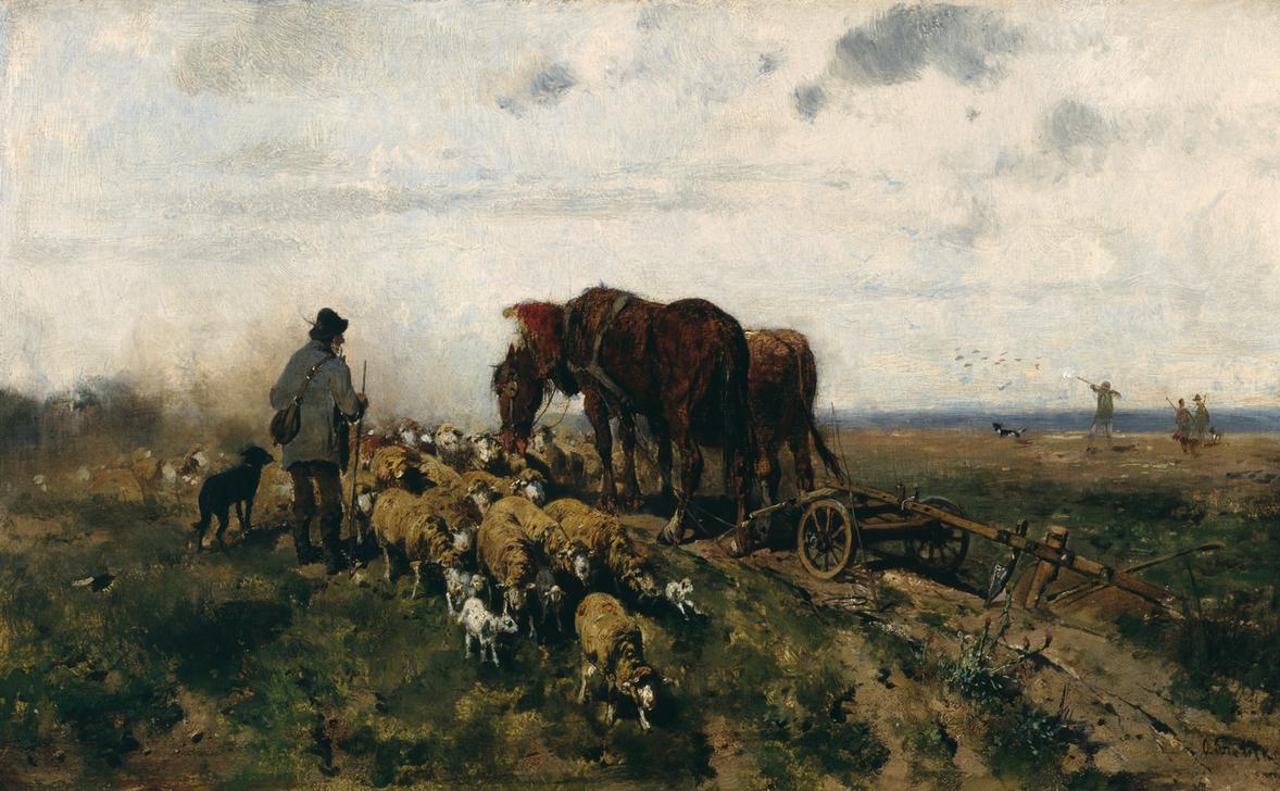 Schäfer mit seiner Herde neben einem von zwei Ackergäulen gezogenen Pflug von Otto Gebler
