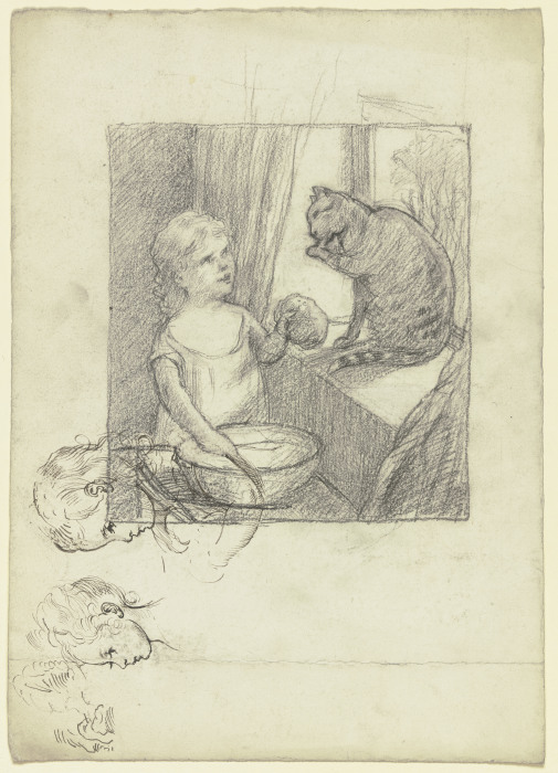"Katzenwäsche", dabei Studien eines Kinderkopfes im Profil nach links von Otto Scholderer