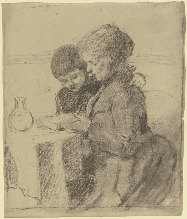 Luise Scholderer gemeinsam mit ihrem Sohn Victor in einem Buch lesend von Otto Scholderer