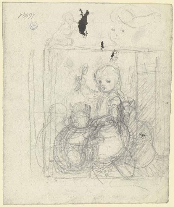 Miezes Frühstück und Skizzen eines Kindes, eines Armes und eines Kopfes von Otto Scholderer