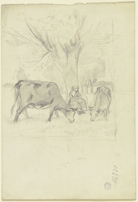 Weidende Kühe mit Bäuerin von Otto Scholderer