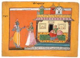 Krishna arriving at Radha's house, illustration from a manuscript of the 'Rasamanjari' of Bhanudatta c.1660-70