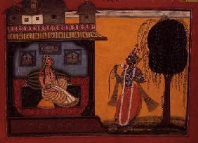 Krishna presenting a lotus to Radha, from Bhanudatta's 'Rasamanjari', Basohli, Himachal Pradesh c.1635-c.1