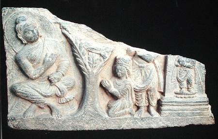 Detail of a relief frieze depicting a seated Buddha with orants, Greco-Buddhist style, from Taxila, von Pakistani School