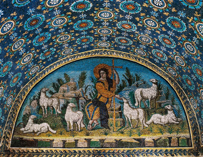 Der gute Hirte, Mosaik der Lünette über der Eingangstür des Mausolee der Galla Placidia, um 425 von Paleo-Christian