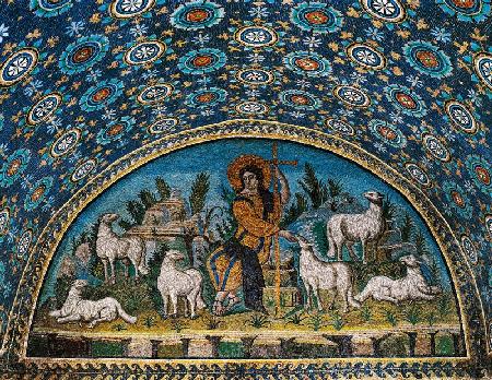 Der gute Hirte, Mosaik der Lünette über der Eingangstür des Mausolee der Galla Placidia, um 425 um 425
