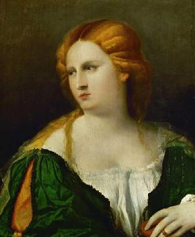 Junge Frau in grünem Kleid mit einer Schachtel in der Hand 1515/1520