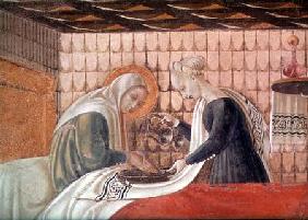 Birth of the Virgin, detail of St. Anne and an attendant 1440