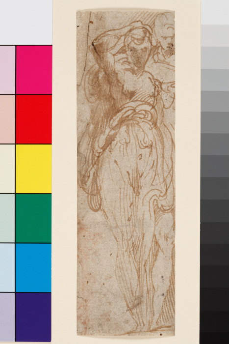 Stehende Frau von vorn, die Rechte zum Kopf führend, rechts hinter ihr eine zweite Figur von Parmigianino