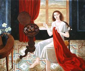 Sewing (oil on canvas) 