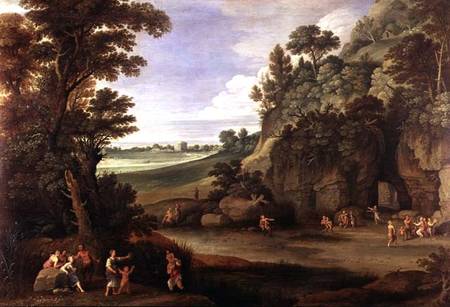 Arcadian landscape with satyrs and nymphs (panel) von Paul Brill or Bril